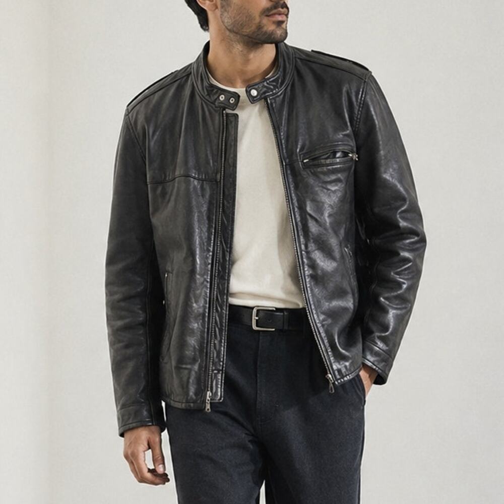 Tanners Avenue Leather Moto Jacket Mens L Black Biker Full Zip Italy